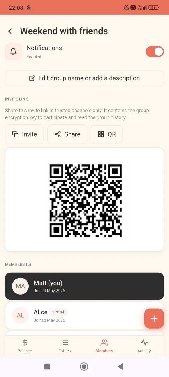 Inviter par lien ou QR code